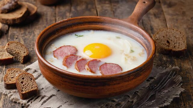 Zurek soup served with sausage and an egg, Rich earthy tones, Soft golden light, Traditional Polish comfort food vibe, Cozy and hearty
