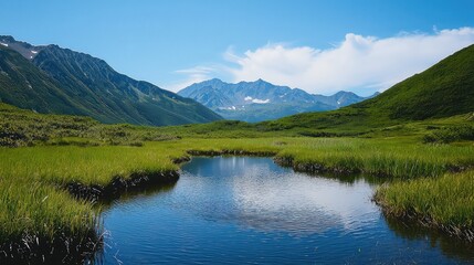 Scenic Mountain Lake Reflection Under Blue Sky With Green Vegetation and Sunlight Landscape