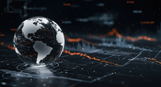 Globe with data streams and charts representing global finance or technology. - Powered by Adobe