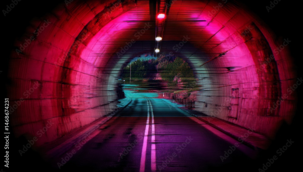 Poster 3d render of a tunnel with glitch effects and low-poly style