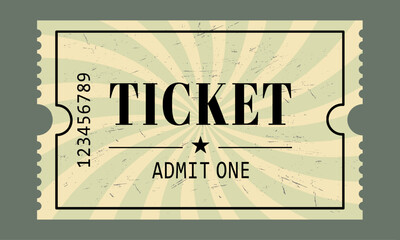 Vintage style ticket with distressed texture and radial background. Classic Admit One design with retro colors and grunge effect. Perfect for retro themed events.Vector illustration.