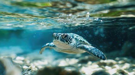 Obraz premium Sea Turtle Swimming Near Surface with Sunlight Filtering Through Water In Clear Ocean