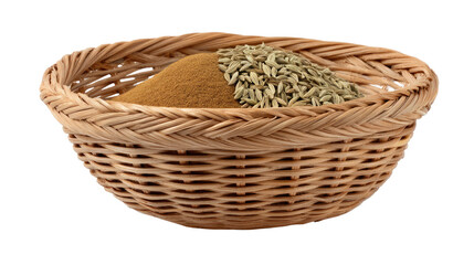 Obraz premium Aromatic Spices in a Woven Basket: An inviting close-up shot showcases a rustic woven basket brimming with fragrant spices, evoking the warmth and allure of culinary tradition.