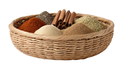 Obraz premium Spice Basket: A close-up shot of an assortment of aromatic spices and seasonings, neatly arranged in a woven basket, offers a glimpse into the world of culinary delights.