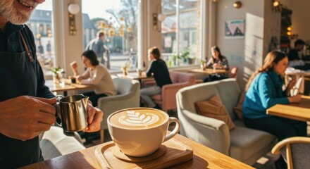 Coffee cup on table in cafe with people sitting in background.