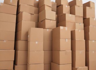 Neatly stacked brown cardboard boxes on pure white background , cleanliness, nature