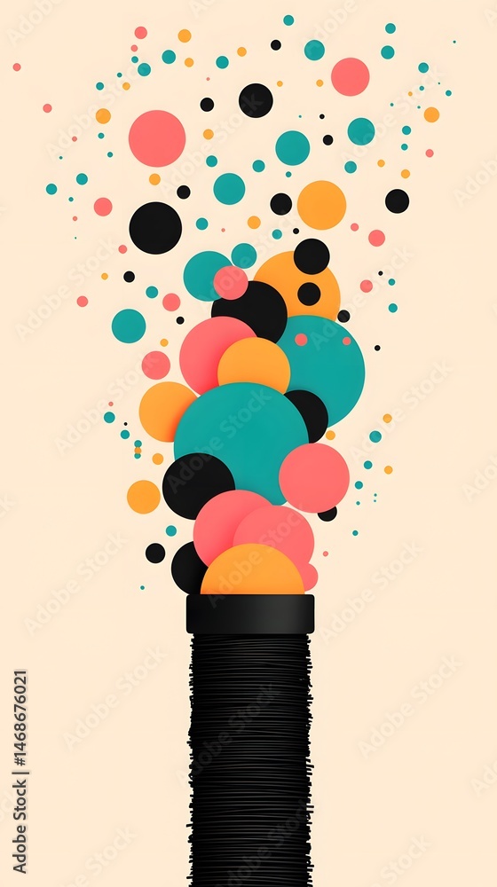 Poster abstract colorful circles floating upward on beige background