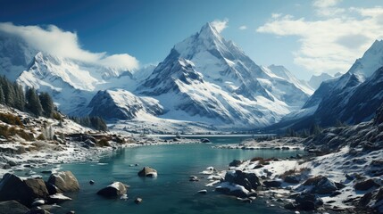 Obraz premium Majestic Snow-Capped Mountains with Crystal Clear Blue Lake