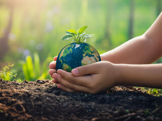 Childs Hands Gently Holding a Young Plant Sprouting from Earth Globe