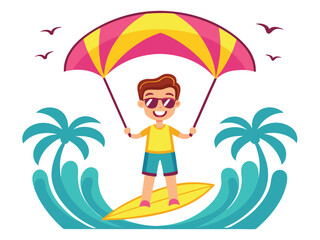 Happy Boy Surfing with Parasail on Tropical Beach