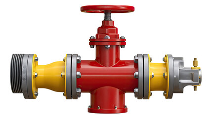 Red and Yellow Industrial Valve: A detailed close-up of a red industrial valve with yellow pipes, featuring a red lever handle for controlled flow regulation.  