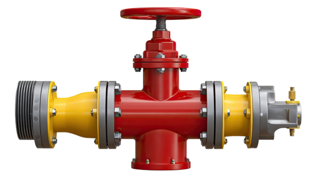 Red and Yellow Industrial Valve: A detailed close-up of a red industrial valve with yellow pipes, featuring a red lever handle for controlled flow regulation.  