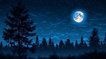 Whispers of the Night A Serene Forest Landscape Under the Watchful Eye of the Moon