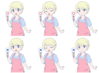 マルバツ棒を持ちエプロンをつけた金髪の女性。3種類の表情と2種類の記号セット