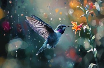 Fototapeta premium A hummingbird in mid-flight feeding from a flower, wings frozen in motion