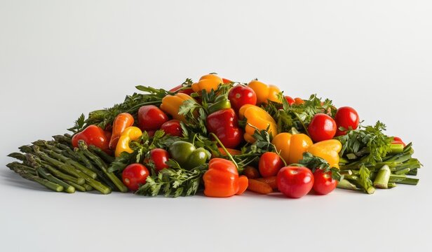 Colorful heap of fresh vegetables including bell peppers, cherry tomatoes, and asparagus. A vibrant display of assorted produce - Powered by Adobe