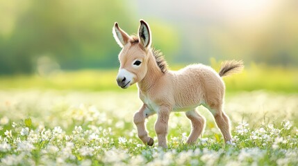 Fototapeta premium A baby donkey frolics in a sunlit field, its playful movements and adorable features bringing a sense of joy