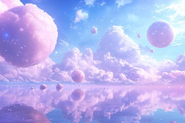 Obraz premium Dreamlike pastel sky with floating orbs reflected in calm water