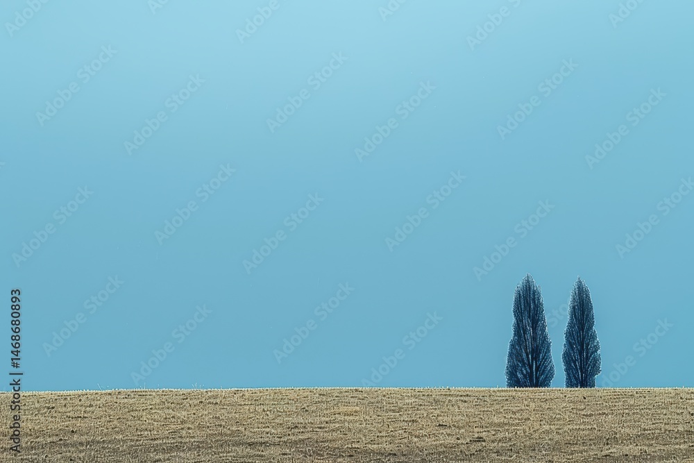Poster two tall trees stand alone in a vast, empty field under a clear blue sky, evoking calm and simplicit