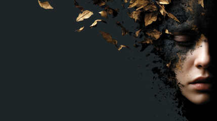 Face mask leaf dark artistic emotional surreal falling mysterious creative concept portrait