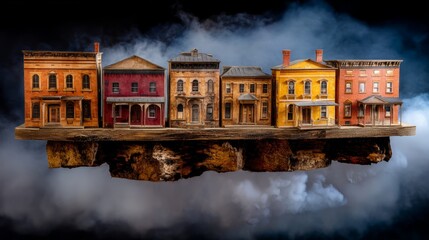 Floating cityscape made from folded temporal paper layers, historical buildings drifting through dimensional mist