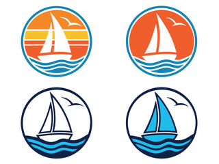 Four Sailboat Logos with Sunset and Ocean Waves