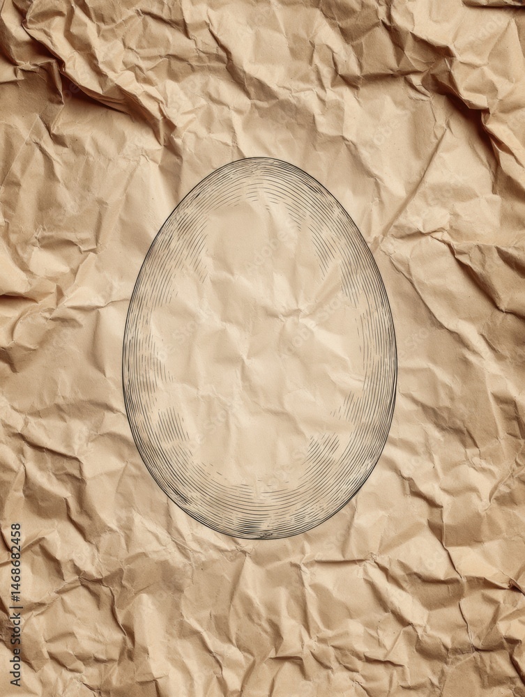 Aufkleber crumpled beige texture with illustrated egg outline in the center created with simple line art for d