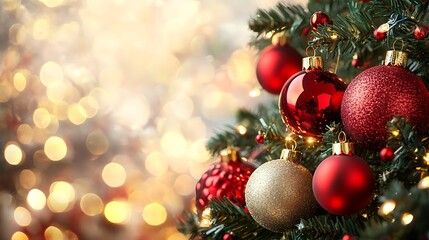 Fototapeta premium Festive christmas tree ornaments against a blurred holiday background.