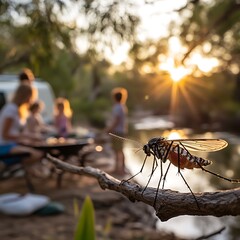 Outdoor Living Enjoying Nature at Camping Site with a Mosquito on a Branch in Focus on Riverbank