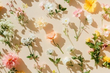 Pastel flowers arranged on beige background, cast shadows