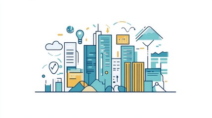 Obraz premium Cityscape illustration with skyscrapers, light bulb, cloud, check mark, and data charts in blue and yellow on a white background. Concept for business, innovation, and urban development.