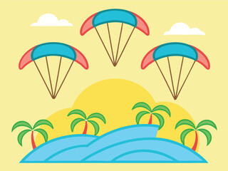 Three Paragliders Flying Over Tropical Island Beach