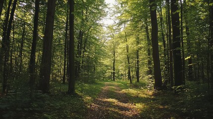 Fototapeta premium Sun Drenched Forest Path Through Lush Green Woodland Scenery with Sunlight Filtering Through Dense Canopy