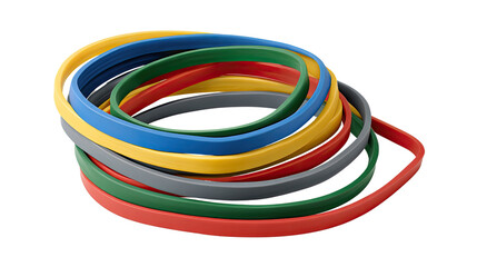 Colorful Resistance Bands: A coiled collection of multi-colored resistance bands, symbolizing strength, flexibility, and versatility, perfectly aligned for fitness, exercise, and physical therapy. 