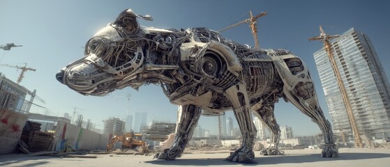 Large robotic dog amidst urban construction scene.