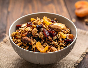 Healthy Granola Mix In Bowl On Wooden Table