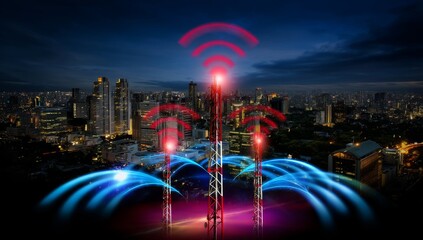 Futuristic Cityscape with Glowing Radio Towers