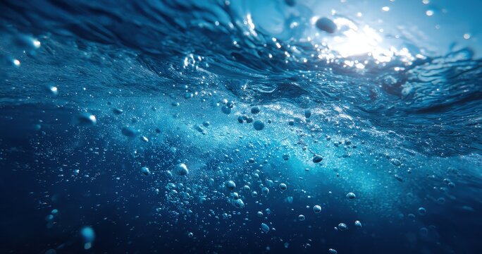 Underwater bubbles in deep blue ocean.