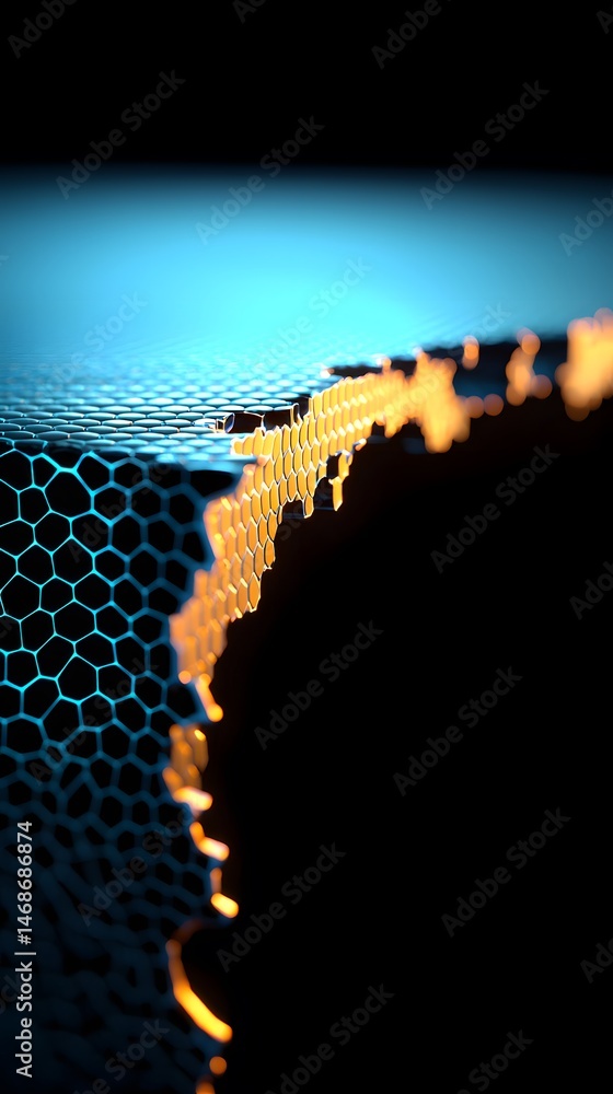 Poster abstract fractured hexagon mesh background with glowing orange and blue lines