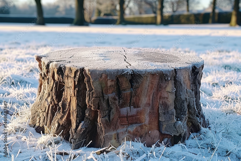 Poster a tree stump covered in frost sits on a snowy field with blurred trees in the background on a cold w