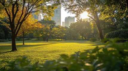 Sunlit Green City Park with Trees Golden Hour Sunlight and Distant Buildings