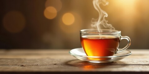 Aromatic Steam Rising from a Warm Cup of Tea on Rustic Wood