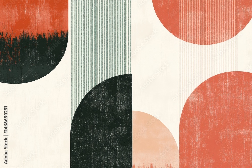 Poster muted terracotta and emerald geometric abstract art with textured circles and rectangles
