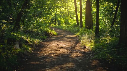 Sunlit Path Through Lush Green Woodland with Dappled Light and Natural Trail Through Tranquil Scenery with Vibrant