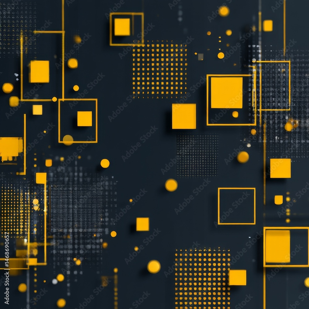 Poster Abstract Digital Design: Geometric Forms and Data Grids in Golden Yellow on a Dark Backdrop