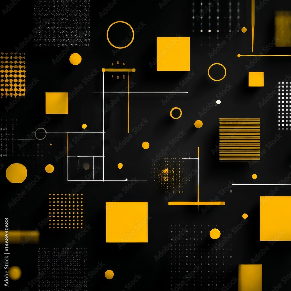 Aufkleber abstract geometry: a modern art composition of yellow shapes and lines on black backdrop