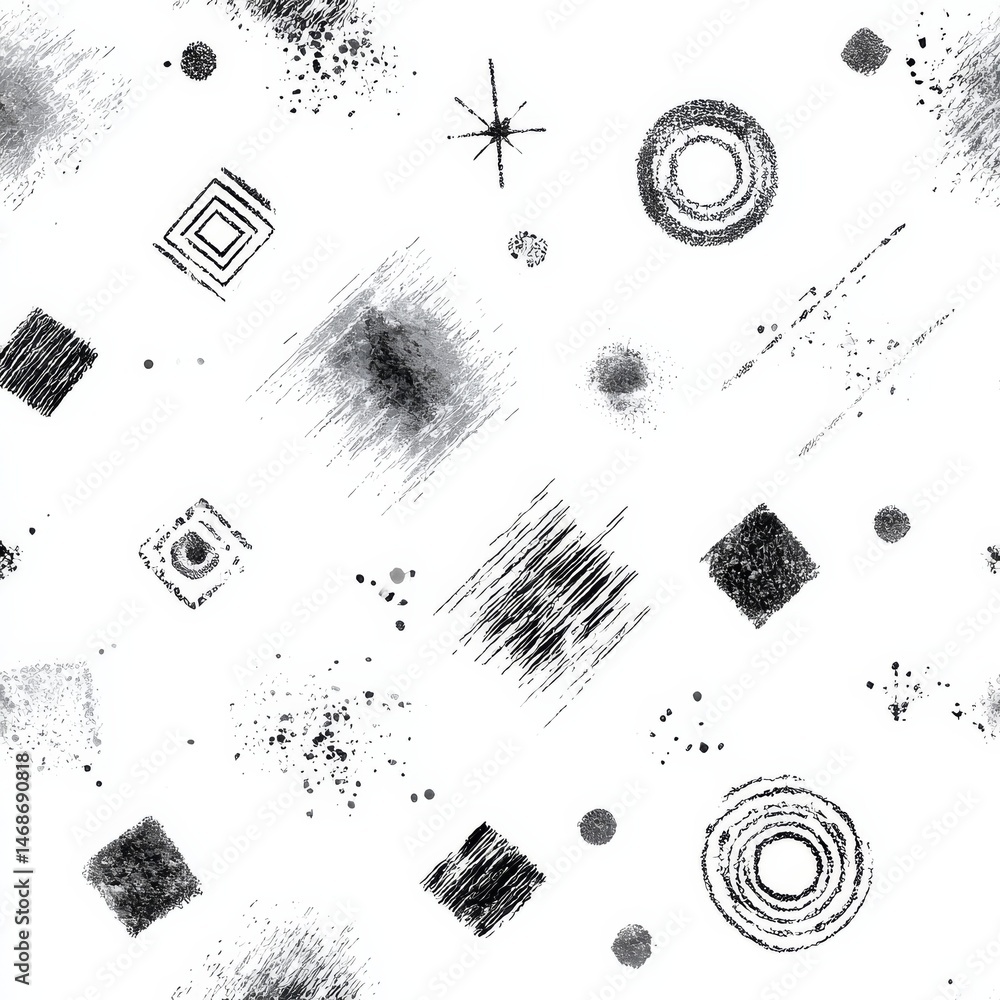 Fototapete Abstract Monochrome Pattern: Geometric Shapes and Textural Elements on White Background