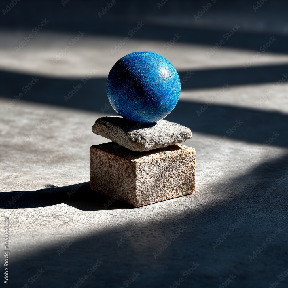 Poster balancing act: a serene composition of a blue sphere resting atop stacked natural stones bathed in c