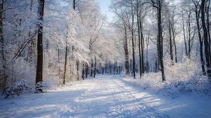 Fototapeta premium Sunlit Snowy Forest Landscape With Fresh Snow On Trees On A Cold Sunny Day Nature Background In Serene Winter Season