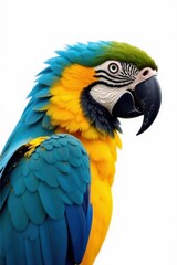 Obraz premium A Vibrant Blue-and-Gold Macaw, Profile View Against a Pure White Background, Showcasing Its Striking Plumage and Intricate Feather Details
